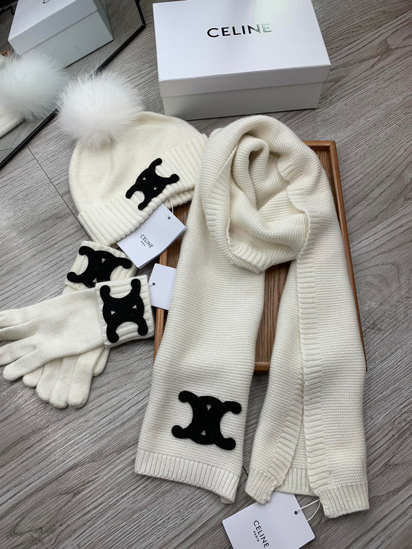 CE Hat Scarf Gloves Set White Knit Fur 475090