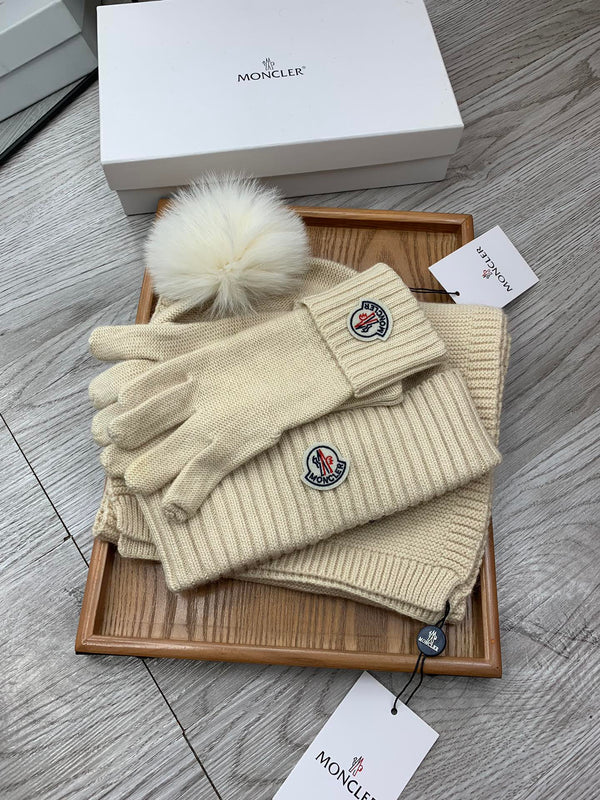 Moncler Hat Scarf Gloves Set Light Beige Knit Fur 475095