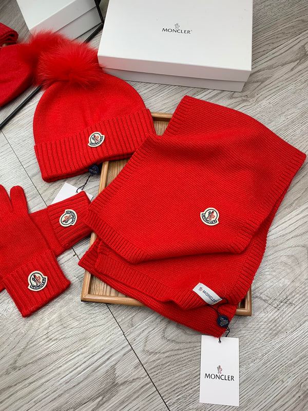 Moncler Hat Scarf Gloves Set Red Knit Fur 475094