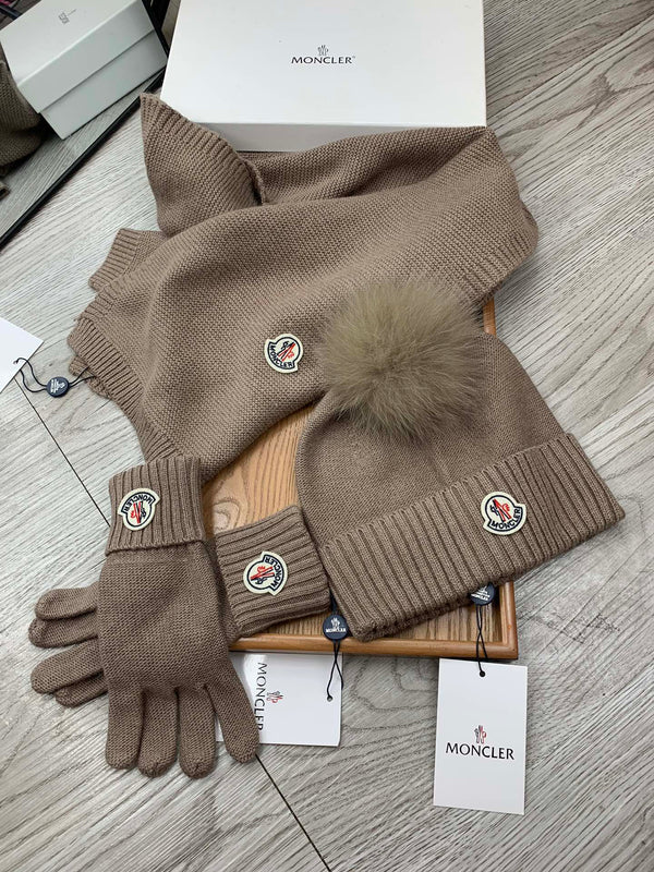 Moncler Hat Scarf Gloves Set Brown Knit Fur 475097