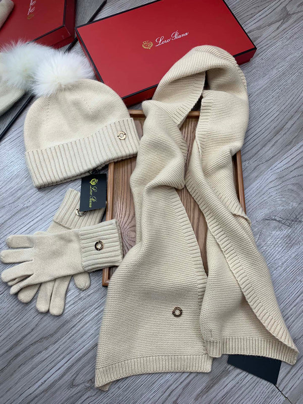 LP Hat Scarf Gloves Set Light Beige Knit Fur 475084