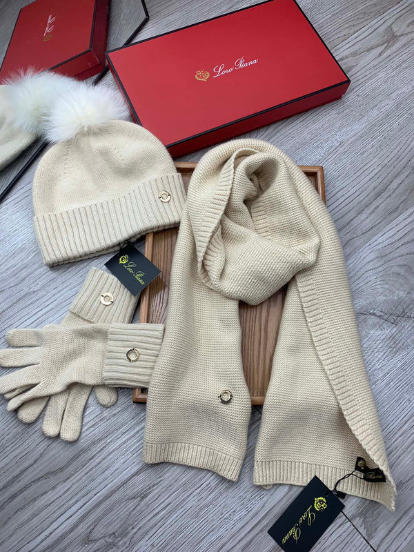 LP Hat Scarf Gloves Set Light Beige Knit Fur 475084