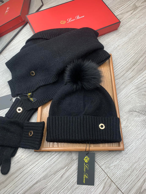 LP Hat Scarf Gloves Set Black Knit Fur 475082