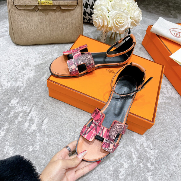 SANTORINI SANDAL BLACK MIX LIGHT PINK CALFSKIN WITH PATTERN