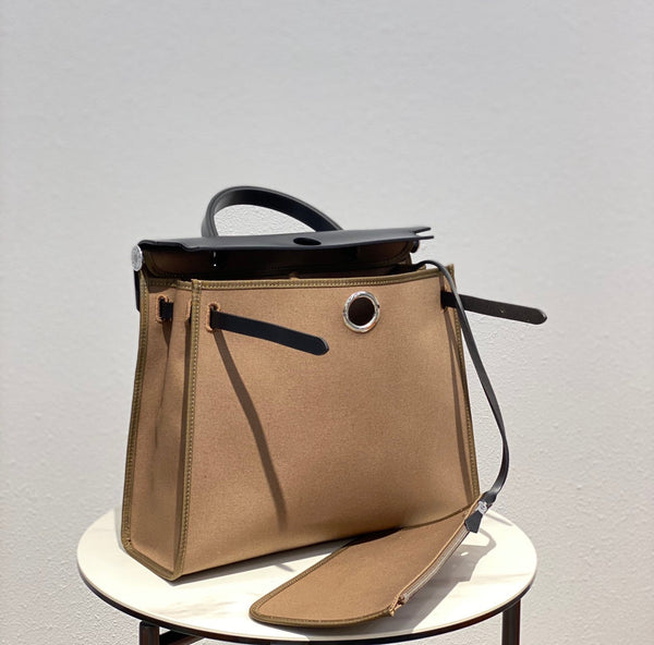 Herbag 31 Toile Brown Canvas Black Cowhide Leather