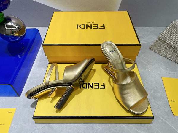 FENDI FIRST 95 MM HIGH-HEELED SANDAL IN GOLDEN LAMBSKIN GOLD HARDWARE