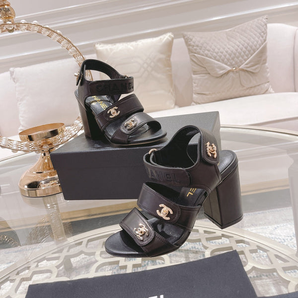 CC 25C Three Strap Sandal High Heel Black Sheepskin 213350