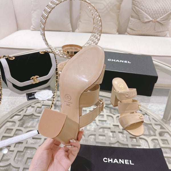 CC 25C Three Strap Sandal Mule High Heel Cream Sheepskin 213347