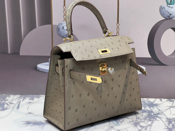 KELLY BAG 20 IN KHAKI BEIGE OSTRICH LEATHER WITH GOLD HARDWARE (MADE - TO - ODER)