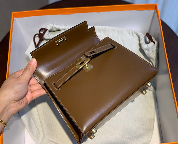 KELLY MINI 20 BAG IN CHOCOLATE BROWN SMOOTH CALFSKIN WITH GOLD HARDWARE (MADE - TO - ODER)