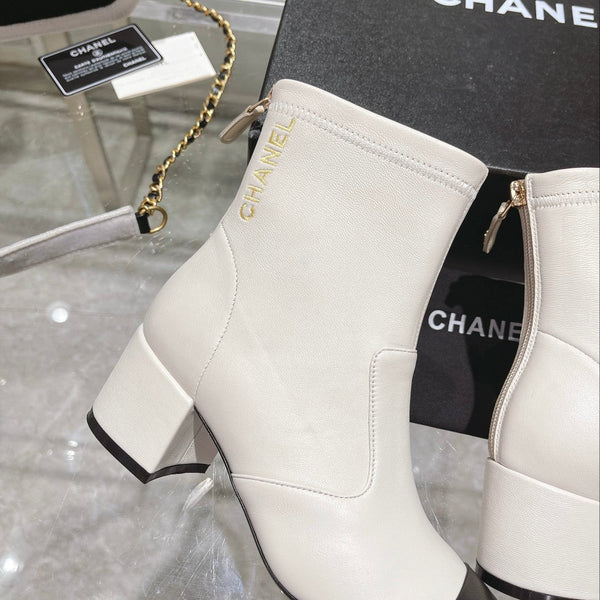 CC 26s Cap-Toe Block-Heel Ankle Boots 5cm White Black Leather 966883