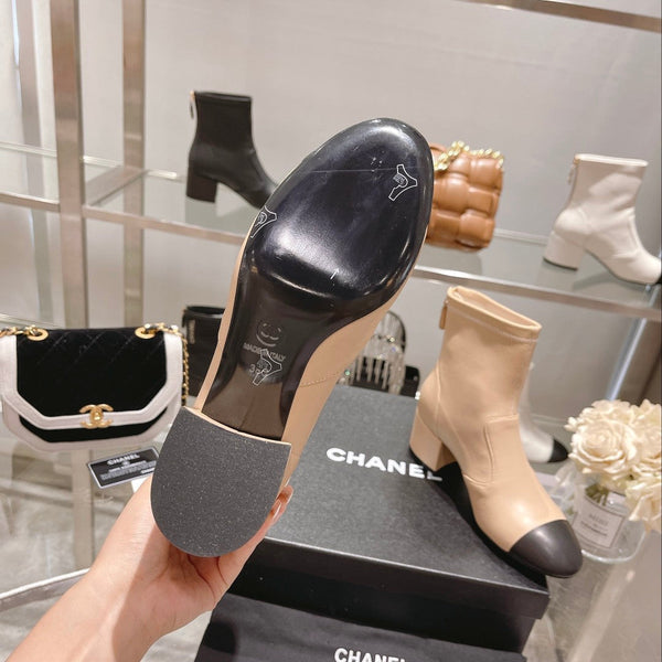 CC 26s Cap-Toe Block-Heel Ankle Boots 5cm Beige Black Leather 966884