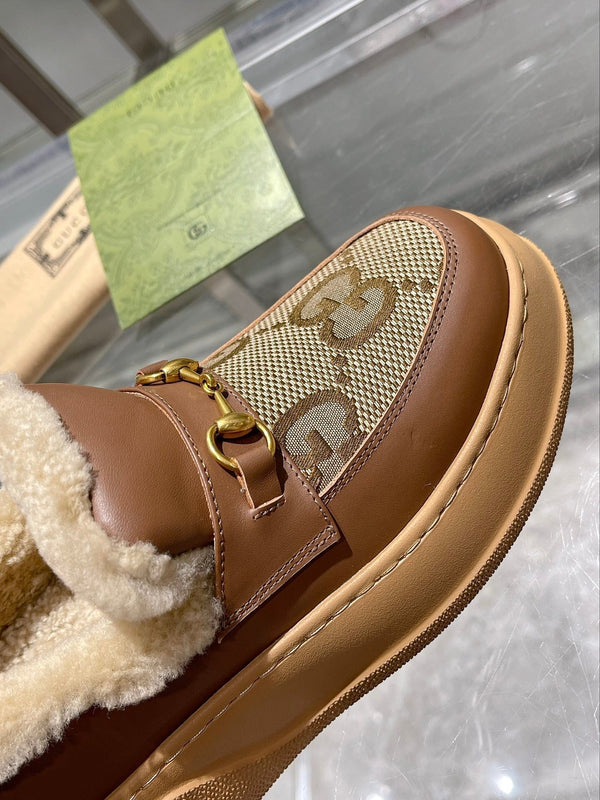 GG Snow Boots Brown Calfskin Denim Wool 576247