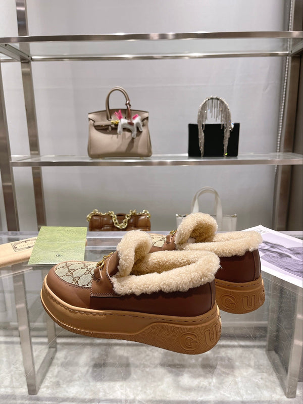 GG Snow Boots Brown Calfskin Denim Wool 576249