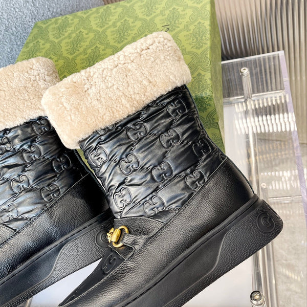 Gucci 2025 Monogram Boot Black Beige Wool Calfskin 564686