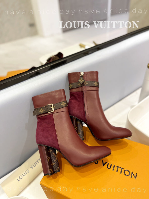 LV 26s Silhouette Ankle Boot 10cm Burgundy Cowhide Suede & Monogram Canvas 574029