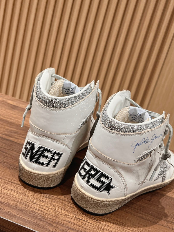 SKY-STAR SNEAKERS IN WHITE NAPPA LAMBSKIN WITH SILVER GLITTER STAR AND HEEL TAB
