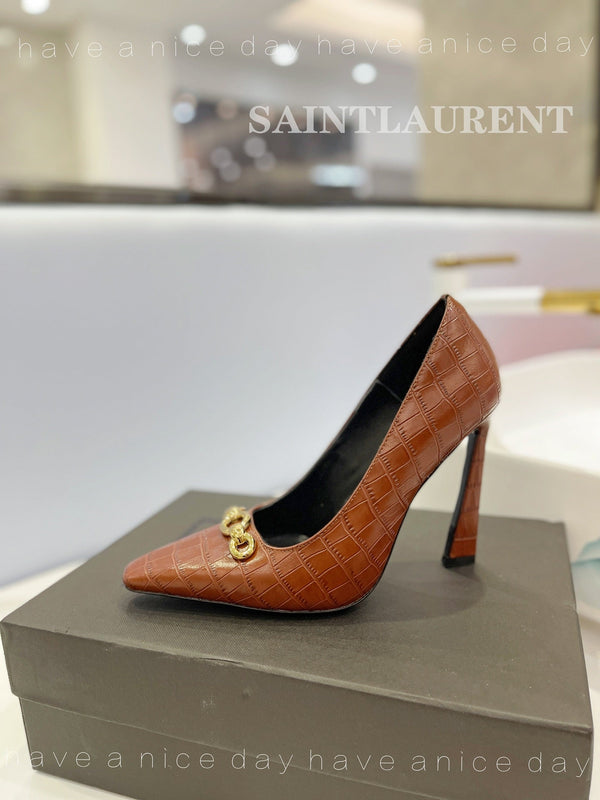SL SILVANA CROCODILE MOTIF CHAIN PUMPS BROWN CALFSKIN