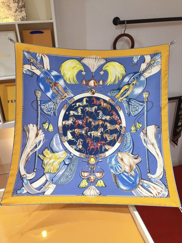 Cavalcades Scarf 90 CM In Blue Yellow Colorful Silk Twill 288859