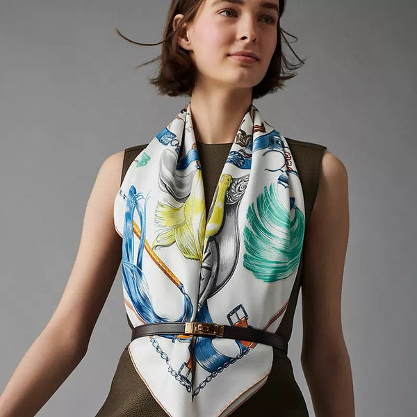 Cavalcades Scarf 90 CM In White Colorful Silk Twill 288860