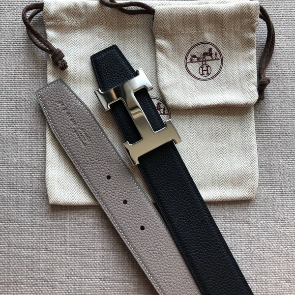 HM BELT BUCKLE & REVERSIBLE BLACK AND TAN BROWN LEATHER STRAP 38MM SILVER HARDWARE