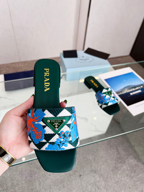 Prad 26s Floral Print Slides Teal Green Blue Leather Cotton 986594