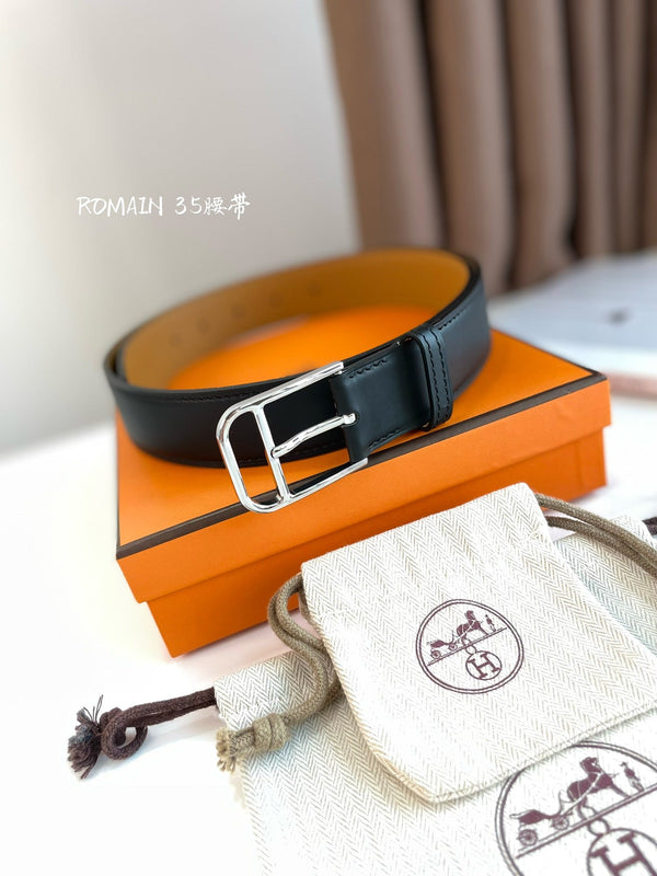 HM ROMAIN 35MM BELT BLACK LEATHER SILVER HARDWARE