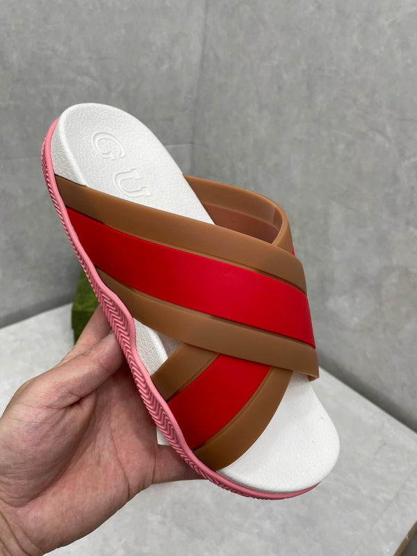 GG Striped Rubber Slides White Red Rubber 788222