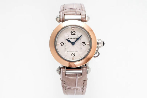 pasha 30mm quartz pink gold white dial light brown leather