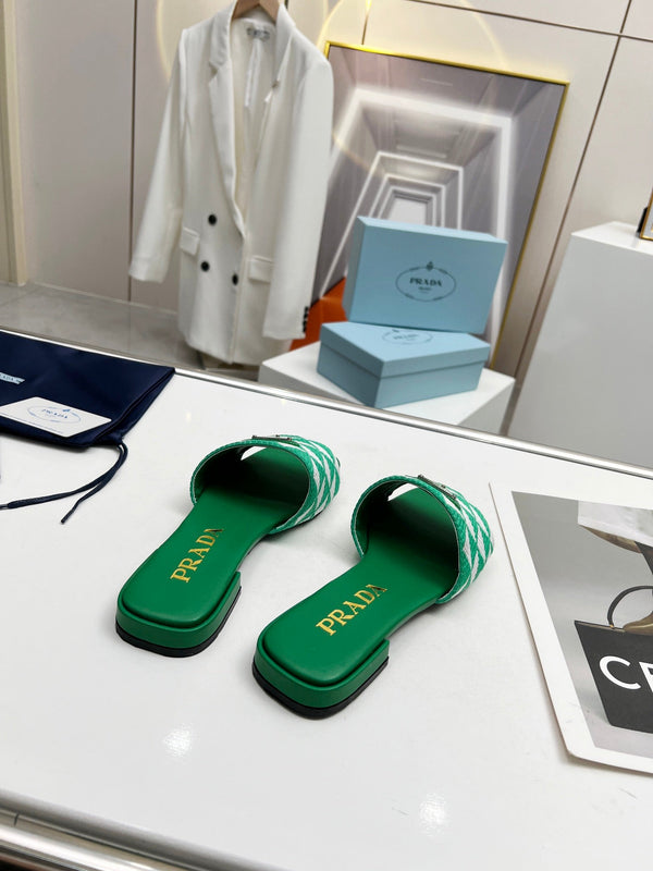 Prad 26s Enameled Metal Triangle Printed Slides Green Leather Cotton 986592