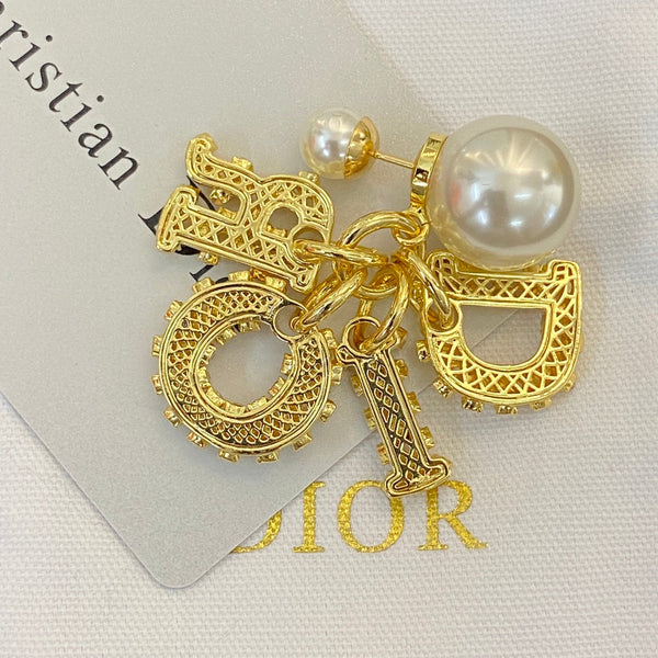 CD 26S Crystal CD Charm Pearl Drop Earrings In Gold Metal 633101