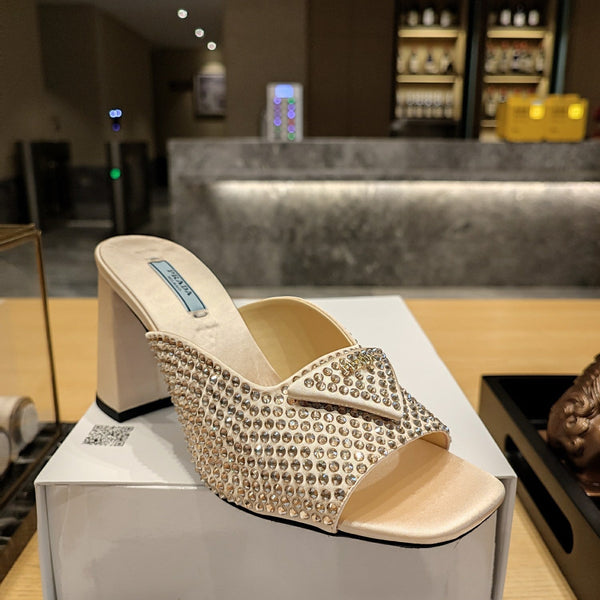 Prada 26S Open-Toe Crystal-Embellished Mules 100mm in Beige Satin