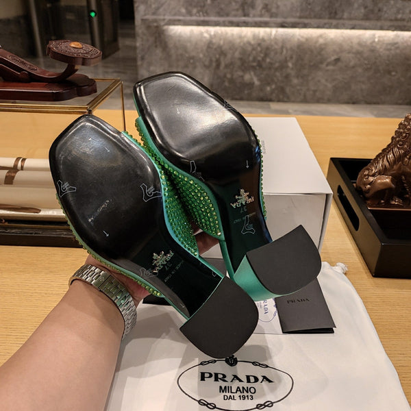 Prada 26S Open-Toe Crystal-Embellished Mules 100mm in Dark Green Satin
