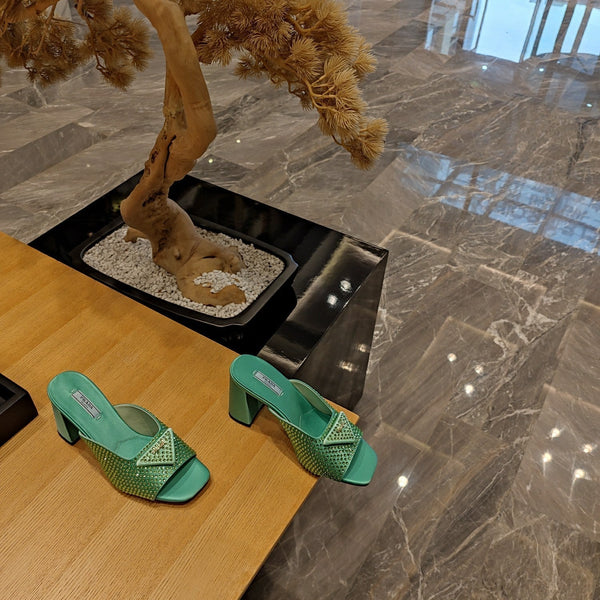 Prada 26S Open-Toe Crystal-Embellished Mules 100mm in Dark Green Satin
