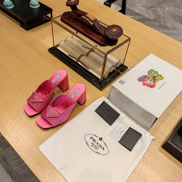 Prada 26S Open-Toe Crystal-Embellished Mules 100mm in Fuchsia Pink Satin