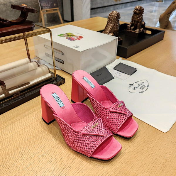 Prada 26S Open-Toe Crystal-Embellished Mules 100mm in Fuchsia Pink Satin