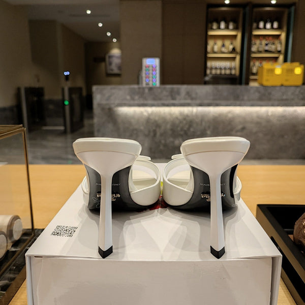 Prada 26S Open-Toe Mules 100mm in Ivory White Patent Calfskin with Logo
