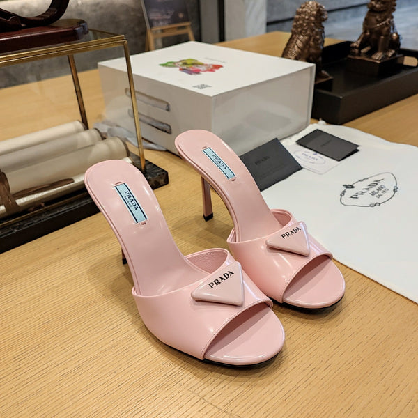 Prada 26S Open-Toe Mules 100mm in Blush Pink Patent Calfskin with Logo