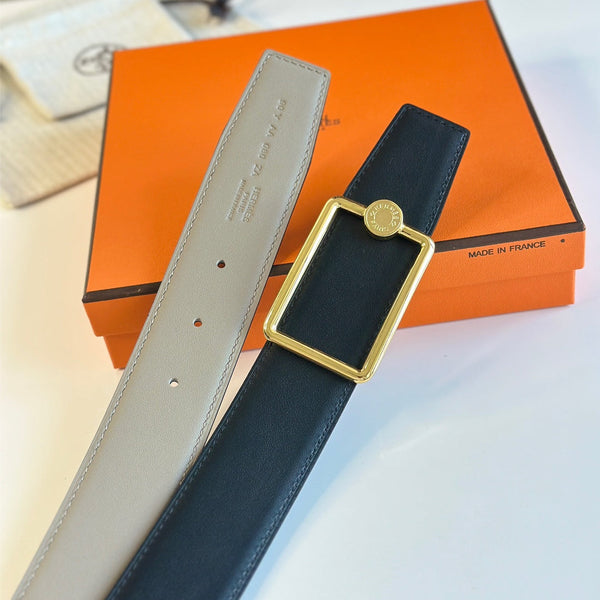 TUBE H BELT BUCKLE & REVERSIBLE KHAKI BROWN AND BLACK LEATHER STRAP 38MM GOLD HARDWARE