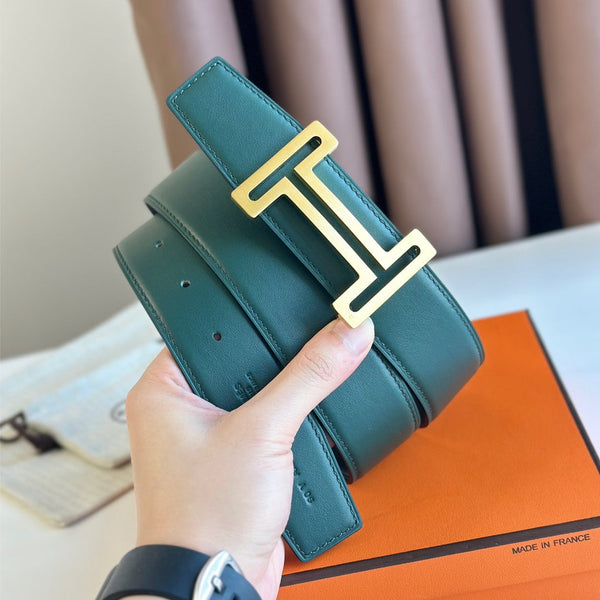 HM BELT BUCKLE & REVERSIBLE TEAL GREEN AND BLACK LEATHER STRAP 38MM GOLD HARDWARE