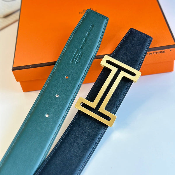 HM BELT BUCKLE & REVERSIBLE TEAL GREEN AND BLACK LEATHER STRAP 38MM GOLD HARDWARE
