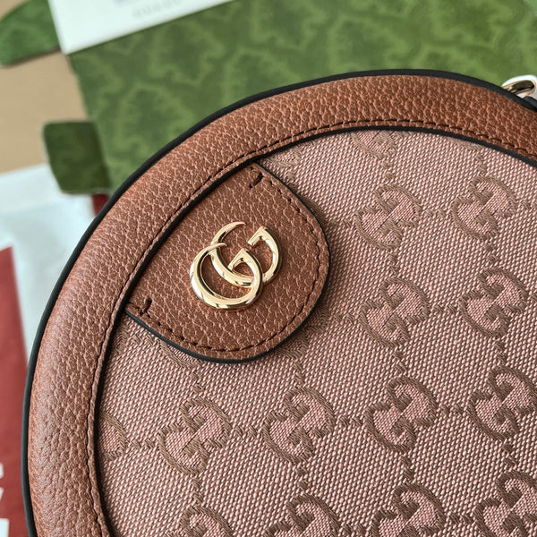 OPHIDIA MINI ROUND SHOULDER BAG 18 IN BLUSH PINK CANVAS AND BROWN LEATHER TRIM