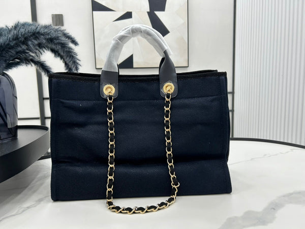 CC Deauville Tweed Bag Navy Leather Gold Hardware 21