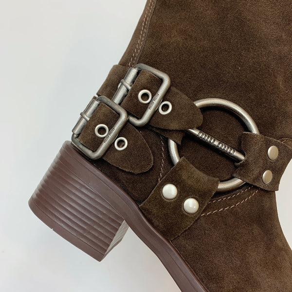 Miu Miu Biker Retro-Style Long Boots Brown Suede 535201