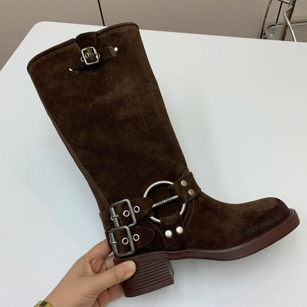Miu Miu Biker Retro-Style Long Boots Brown Suede 535201