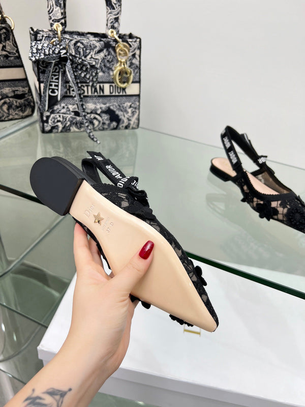 J'Adior Slingback Pump In Black Floral Embroidered Lace Fabric 100848