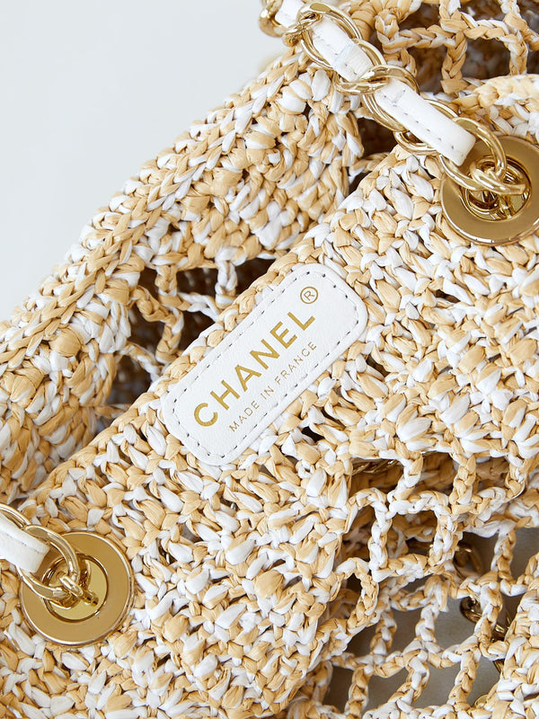 cc coco beach bag 32cm beige raffia white leather