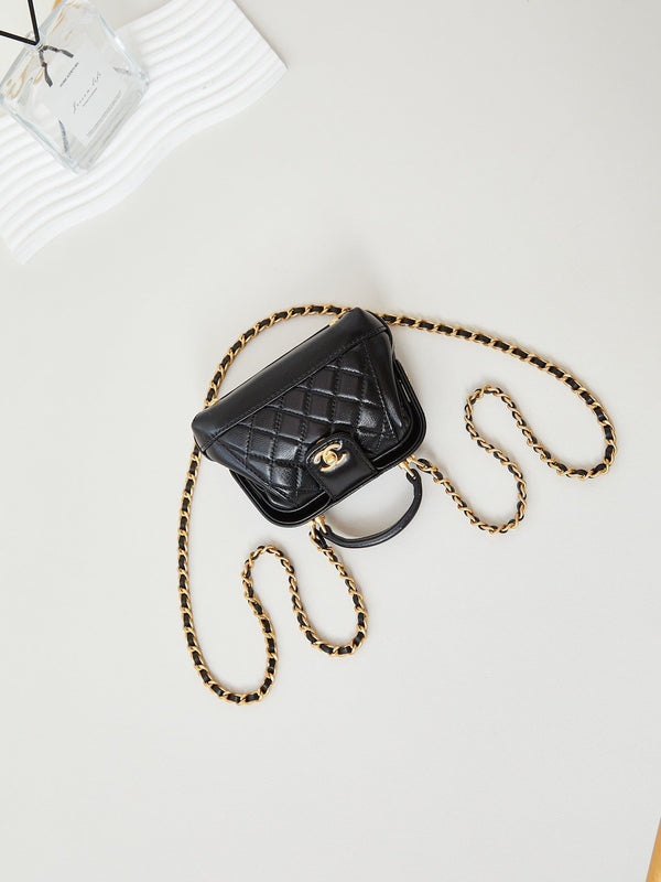 CC 24A Mini Top Handle 13cm Black Wax Leather Gold Hardware 238455
