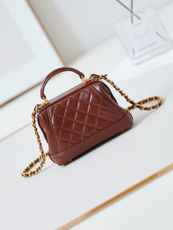 CC 24A Mini Top Handle 13cm Brown Wax Leather Gold Hardware 238463