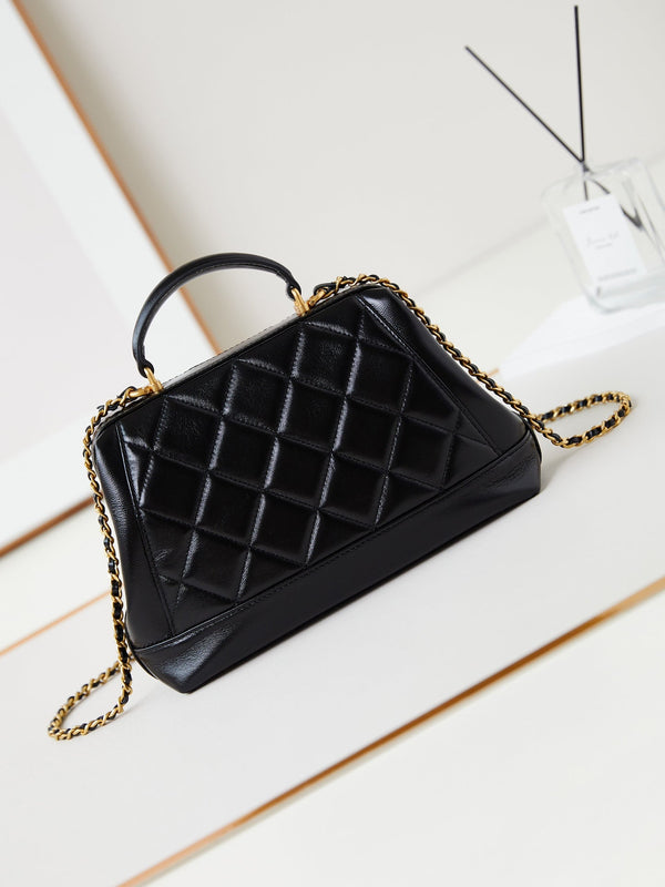 CC 24A Top Handle 23.5cm Black Wax Leather Gold Hardware 238469
